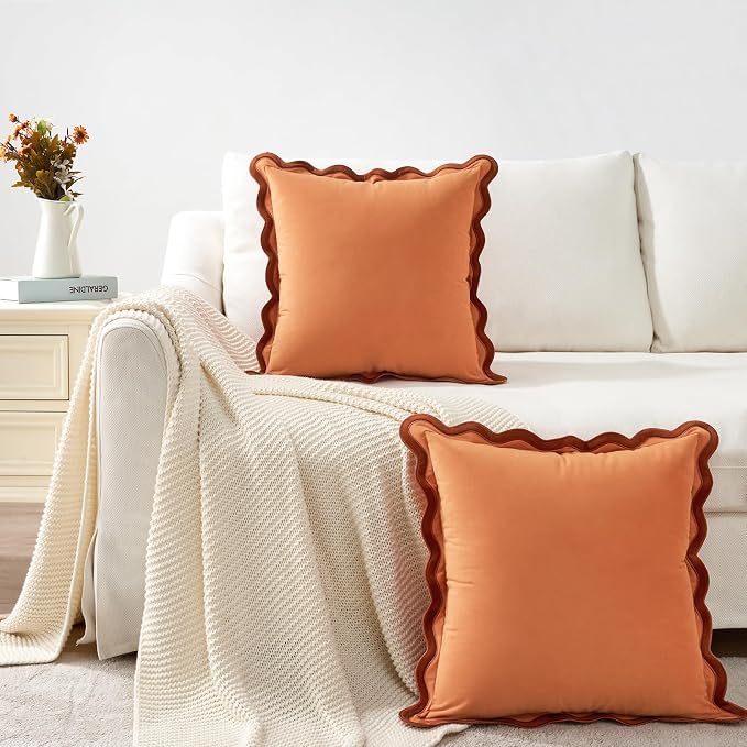 MONDAY MOOSE Decorative Throw Pillow Covers Cushion Cases, Set of 2 Soft Velvet Scalloped Wavy Edge Designs, Mix and Match for Home Decor, Pillow Inserts Not Included (16x16 inch, Rust/Coral)