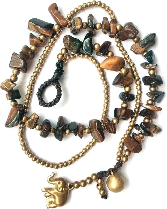 Handmade Brown Jasper Stone Elephant Charm Brass Beads Anklet Bracelet 10 Inches