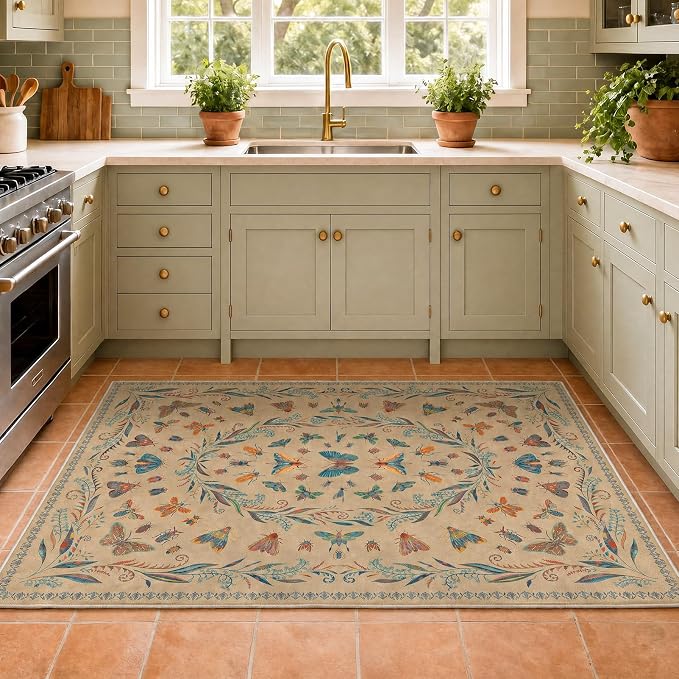 Boho Brown 3x5 Entryway Rugs Indoor - Farmhouse Kitchen Throw Area Rug, Insect Carpet for Bedroom, Mudroom, Laundry Room, Unique Home Décor, Low Pile & Soft Mat