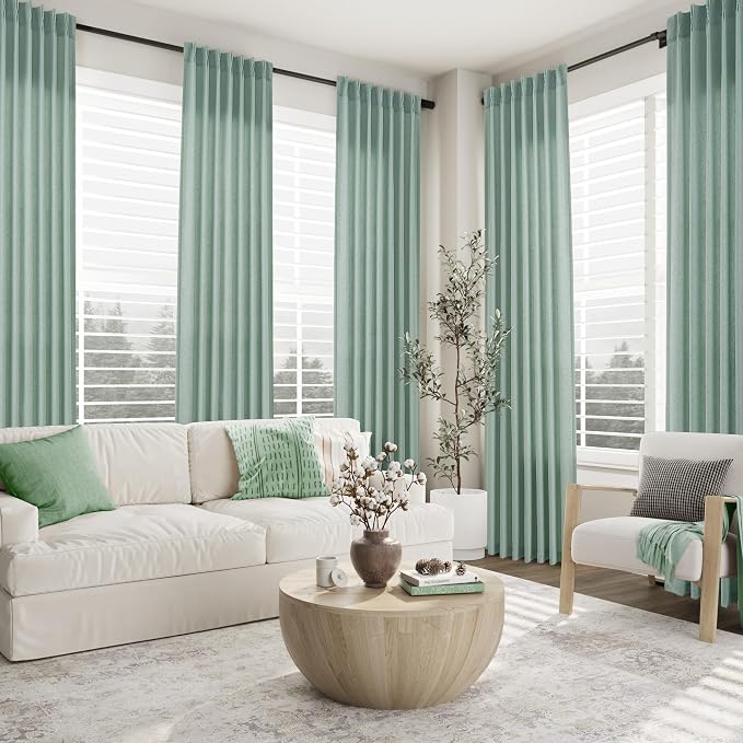 Aersas Aqua Green Pinch Pleated Linen Curtains 84 Inch Length 2 Panels for Living Room Bedroom Semi Sheer Window Curtain Boho Neutral Back Tab Pinch Pleat Drape with Hooks 40x84