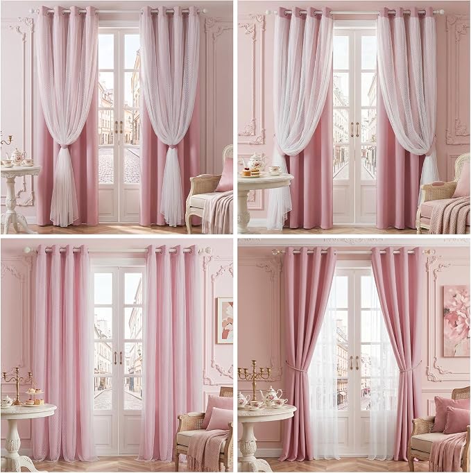 MYSKY HOME Pink Curtains for Girls Bedroom & Nursery Kids Blackout 90 Inch Blush Princess Curtains Double Layer with Polka Dots Sheer, Grommet Tops, 52" Wide, 2 Panels