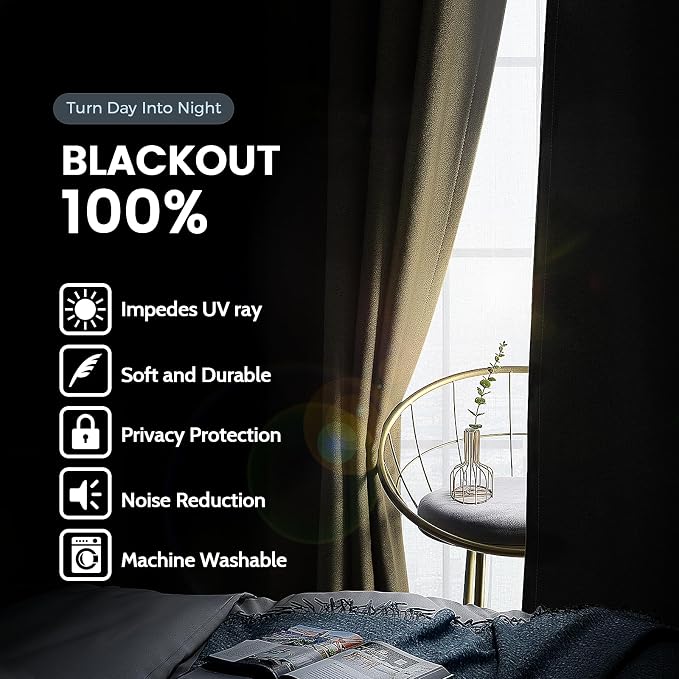 SimpleHome Light Cream 100% Blackout Curtains Room Darkening Living Room 63 | Curtains for Bedroom,Thermal Insulated Grommet Window Drapes,Curtains for Living Room with Black Back,52 x 63 Inch,2 Panels
