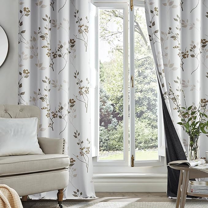 Beauoop Floral 100% Blackout Curtains for Bedroom Tan Brown 52X90 2 Panels | Flower Patterned Brown White Room Darkening Drapes for Living Room Thermal Insulated Soundproof Window treatment Grommet
