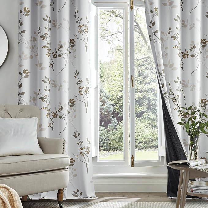 Beauoop Floral 100% Blackout Curtains for Bedroom Tan Brown 52X63 2 Panels | Flower Patterned Brown White Room Darkening Drapes for Living Room Thermal Insulated Soundproof Window treatment Grommet