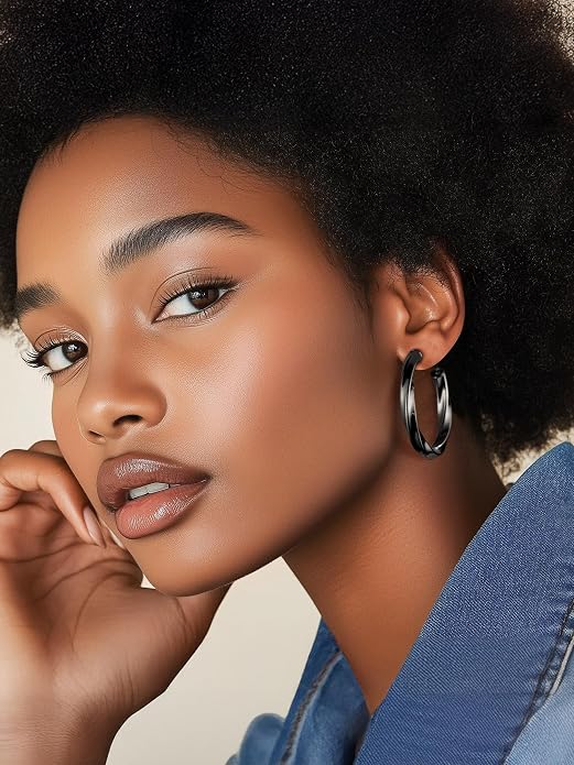Stainless Steel Chunky Hoop Earrings For Women, Minimalist and Chic, Black/Gold Plated, Round Hoops Earrings Hypoallergenic, Size: 30mm/40mm/60mm/80mm, Come with Box