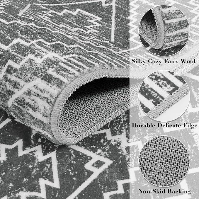 Wonnitar Moroccan Washable Kitchen Runner Rug 2'6"x8', Non-Slip Dark Grey Boho Rug Runners for Hallways, Farmhouse Floor Carpet Soft Runner for Bathroom Hall Entyway (Dark Grey,2'6"x8')
