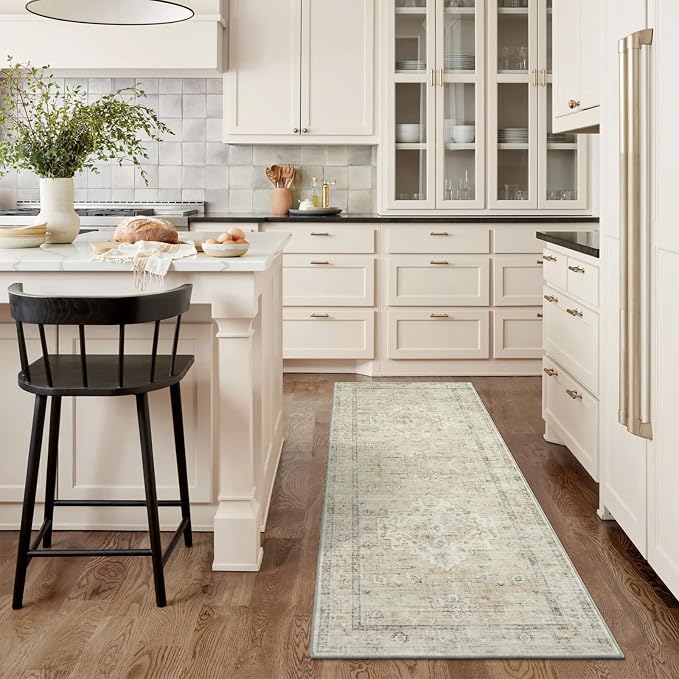 LIVEBOX Washable 2x6 Runner Rug for Bathroom, Non Slip Kitchen Mats for Floor Entryway, Boho Indoor Front Door Mat Low-Pile Runners for Hallways, Farmhouse Rugs for Bath Laundry, Tan