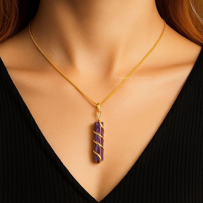 Amazing Gemstone Lepidolite Crystal Necklace Pendant For Women, Gold Wire Wrapped Dainty Minimalist Healing Crystal Necklaces For Men Unisex Necklace Jewelry Adjustable Chain & Leather Cord