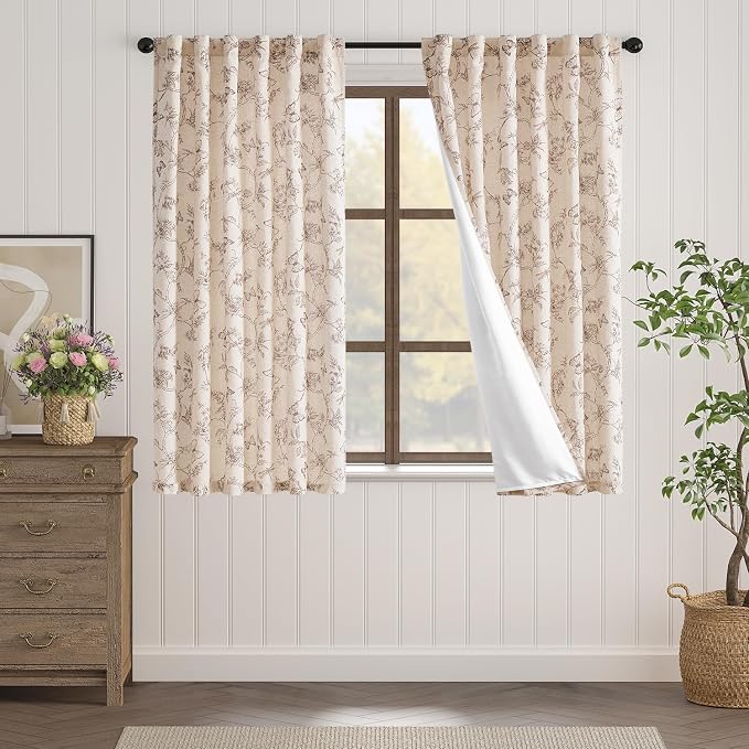 Lazzzy Charlotte Lined Linen Farmhouse Taupe Floral Curtains 63 Inch Length Back Tab Drapes for Living Room Bedroom Light Filtering Country Vintage Rod Pocket, 2 Panels, Taupe on Beige
