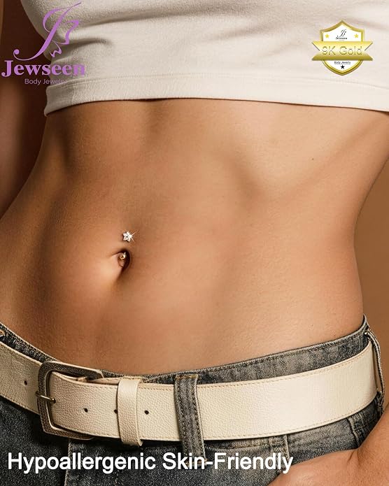 Jewseen ULTIMATE COLLECTION—9K Solid Real Gold Shiny Zircon Floral Design Belly Button Ring Eyebrow Rook Stud 16G 8mm Fine Piercing Jewelry