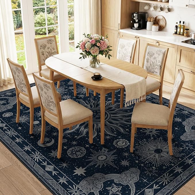 Vacuum-Friendly, 9x12 Washable Area Rug, Blue Gray White | Sun and Moon Boho Gothic Non-Slip Low Pile Living Roon Bedroom Dining Room Kitchen Entry Entryway Entrance Hallway Doormat