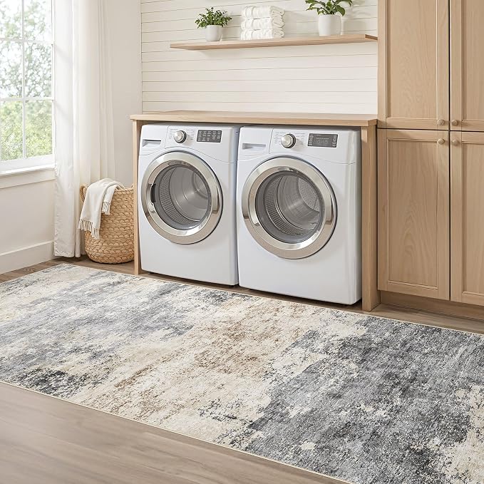 Runner Rug Kitchen Washable Rugs: 2x6 Non-Slip Abstract Soft Modern Stain Resistant Indoor Floor Neutral Accent Throw Carpet for Hallway Bathroom Laundry Room Entryway Bedroom- Grey Brown