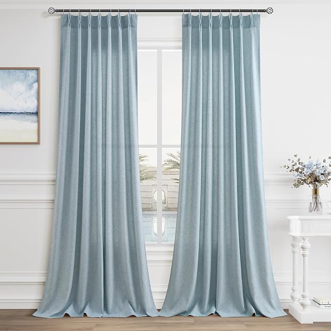 Aersas Light Blue Pinch Pleated Linen Curtains 120 Inches 2 Panels for Living Room Bedroom Privacy Windows Treatment Sliding Glass Door Light Filtering Curtain House Vintage Decor Sky Sea, 40x120