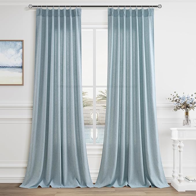 Aersas Light Blue Pinch Pleated Linen Curtains 112 Inches 2 Panels for Living Room Bedroom Privacy Windows Treatment Light Filtering Sliding Glass Door Curtain House Neutral Casual Decorations 40x112