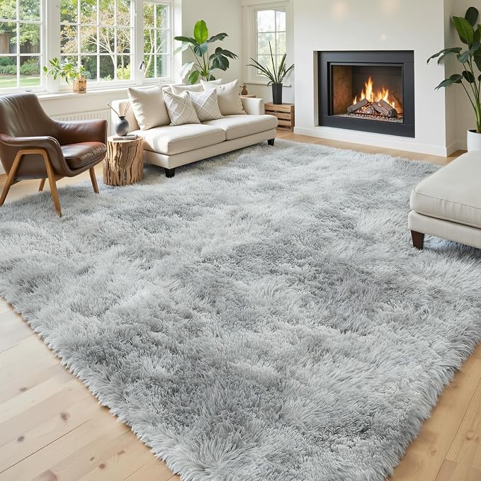 Area Rugs 10x14 Living Room, Shaggy Carpet Soft Plush Furry Bedside Rug Large Area Rugs for Bedroom Home Decor Anti Slip(10 x 14, Light Grey Tie-Dyed)