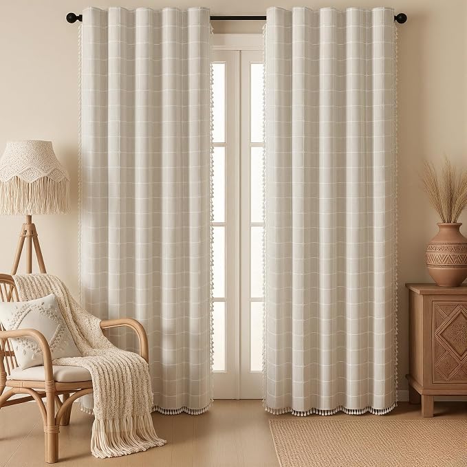 Boho Blackout White Plaid Curtains 90 Inch Beige Linen Blend Drapes with Tassels 2 Panels, Cotton Embroidered Farmhouse Curtains for Living Room Bedroom Rustic Vintage Decor