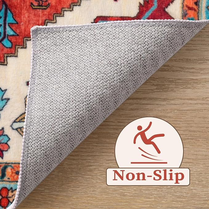 SERISSA 10x12 Area Rugs for Living Room, Large Washable Non-Slip Boho Rug, Ultra Soft Vintage Oriental Orange Print Distressed Carpet for Dining Room Bedroom Office Home Decor