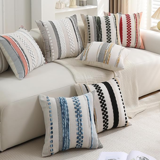 Boho Throw Pillow Covers 18x18 Set of 2 for Couch-Modern Farmhouse Sofa Decorative Grey Throw Pillows Covers Textured Chenille Cushion Covers Outdoor Netural Bohemian Pillow Cases Square