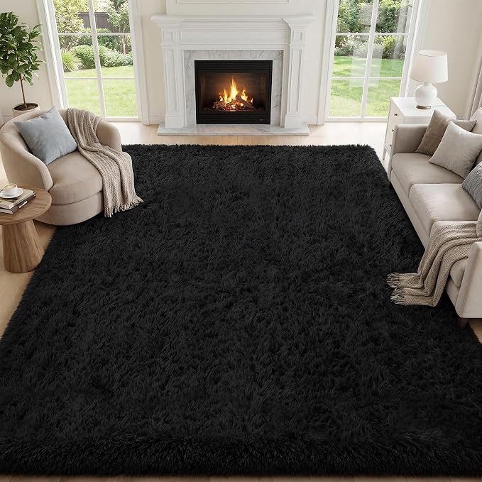 Area Rug for Living Room Bedroom: 9x12 Black Soft Fluffy Shag Upgrade Non-Slip High Pile Carpet Large Fuzzy Plush Indoor Floor Decor Shaggy Rug for Kid Boys Girls Dorms Playroom Nursery Modern Home