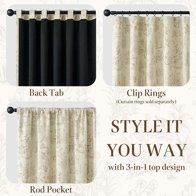 jinchan Taupe Blackout Curtains 63 Inch Whimsical Back Tab 2 Panels | Room darkening,nursery kids bedroom,privacy,whimsical,cottagecore,bunny pattern,botanical,nature-inspired decor