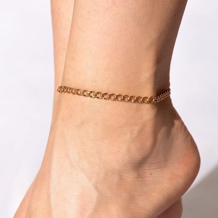 LIFETIME JEWELRY Womens Gold Anklet Diamond Cut Curb Link Ankle Bracelet 24k Gold Plated