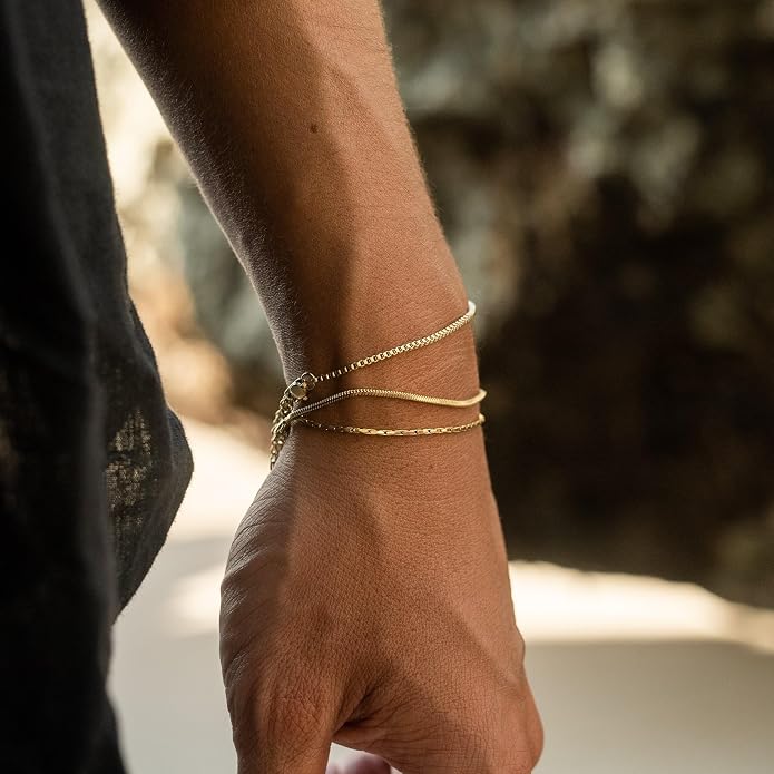 Mens Bracelet - Dainty Gold/Silver Chain Bracelet Stack 14K Gold Plated Silver Bracelets for Men Stainless Steel Adjustable Cross Charm Cuban Link Bracelet Snake Jewelry Set to Men Dad Birthday Day