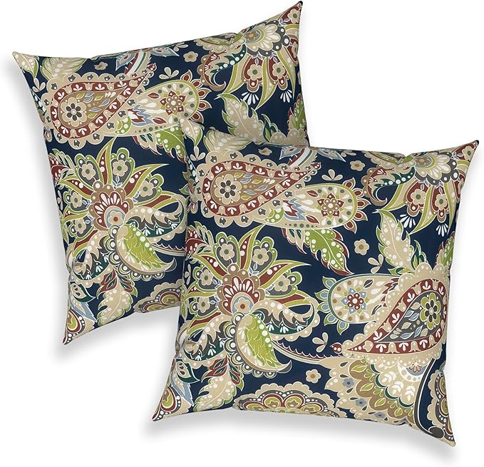 Outdoor Throw Pillows 16x16 Inch, Water Repellent Patio Pillows with Inners Set of 2 for Patio Furniture Home Graden, Paisley Sapphire Blue
