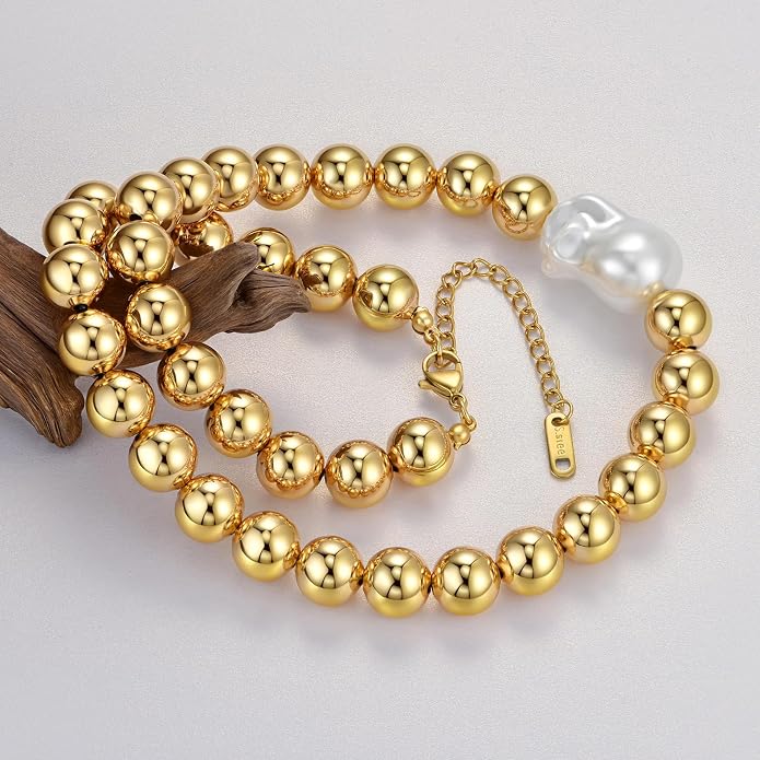 Natural Freshwater Baroque Pearl Necklace 14K Gold Plated Dainty Choker Necklace for Women Girls Snake Chain/Cuban Link/Paperclip/Ball Beaded Chain/Tennis Chain Fashion Jewelry for Gift