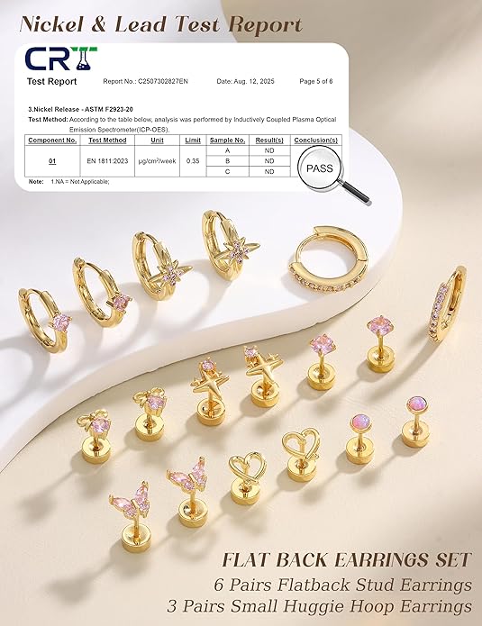 Kakonia Hypoallergenic Flat Back Earrings for Women Men Surgical Steel Earring for Sensitive Ears, 14K Gold Plated Stainless Steel Flatback Stud Hoop Cartilage Earring Stacks for Multiple Piercing