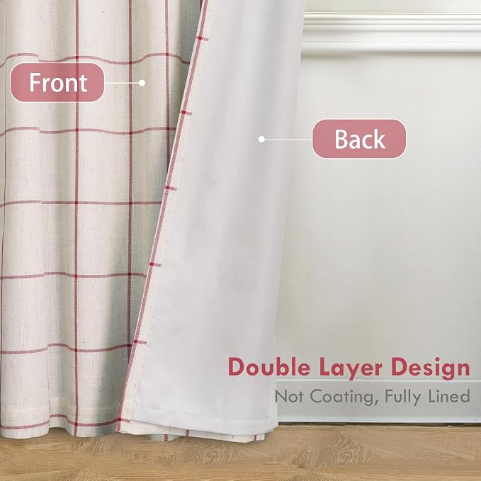 DriftAway 100% Blackout Plaid Linen Curtains 84 Inches Long 2 Panels Red | 100% Blackout, Linen Texture, Plaid Pattern, Two Layers, Rod Pocket & Back Tab, Bedroom Living Room Use, Luxury Appearance
