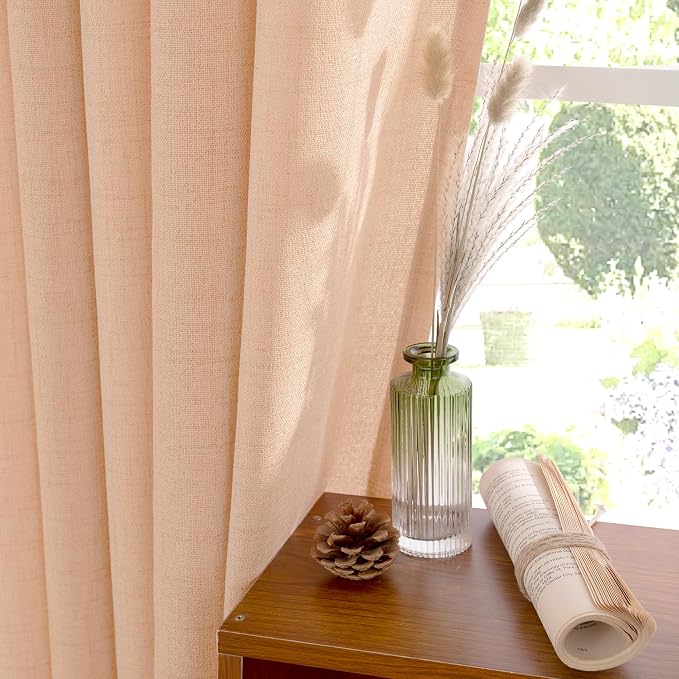 YoungsTex Peach Linen Curtains 40 Inches Long, Short Drapes with Bronze Grommet Privacy Light Filtering for Living Room Bathroom Kitchen Winodw, 42 x 40 Inch, 2 Panels
