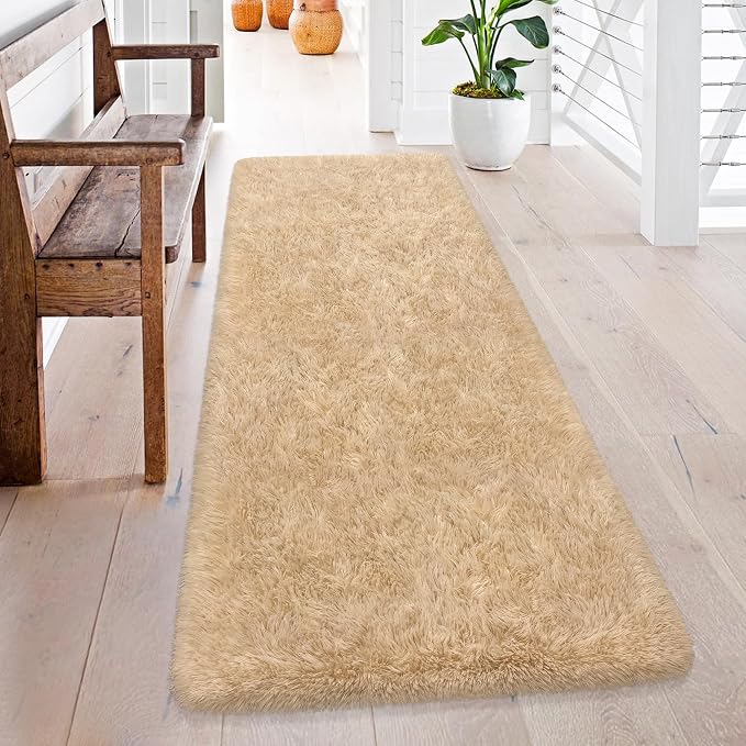 2x6 ft Beige Runner Rugs for Bedroom Living Room, Soft Plush Fluffy Throw Rug Shag Runner Carpet for Hallways Non Slip, Washable Light Beige Rug Carpet for Nursery Kids Girls Room Home Decor