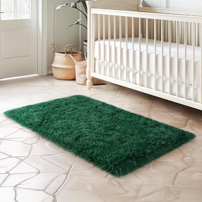 qulint Dark Green Rug for Bedroom, 2x3 Fluffy Area Rug for Living Room | Shag Fuzzy Small Carpet for Kid Room, Plush Shaggy Modern Rug for Boys and Girls Dorm Classroom Christmas Home Decor