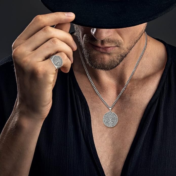 INFUSEU Mythology Pendant Necklaces for Men, Viking Norse Mjolnir Egyptian Anubis Ankh, 22-24 Inch Chain