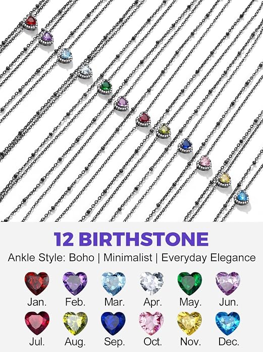 Richsteel Double Layer Heart/Butterfly Birthstone Anklet for Women Non Tarnish Waterproof, Silver/Gold/Black Stainless Steel 8.5-10.5 Inch Adjustable Chain Anklets Jewelry Gifts for Her