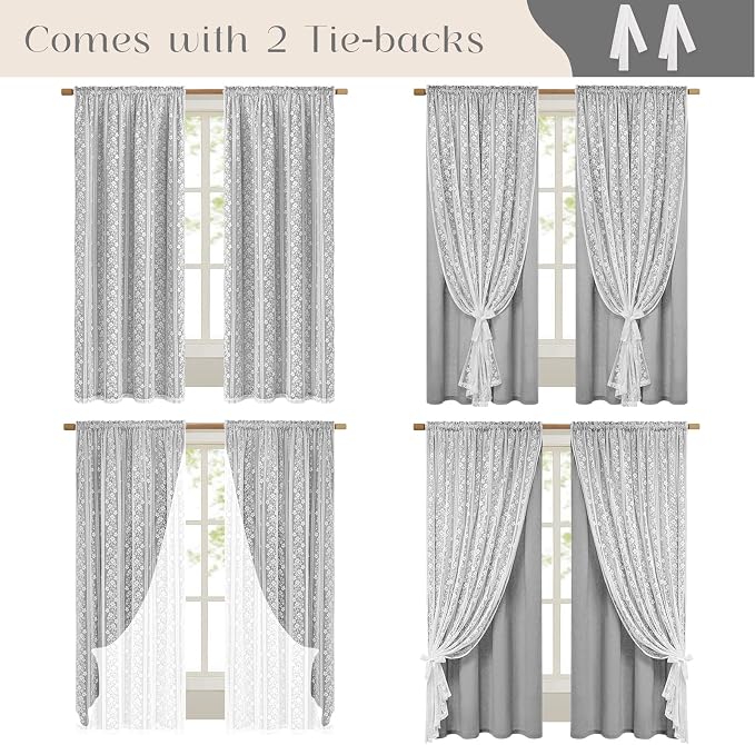 ASPMIZ Linen Curtains for Bedroom, Double Layered Boho Curtain 84 Inch Length 2 Panels Set, Rod Pocket Curtains & Drapes with Tiebacks, Light Filtering Drapes for Living Room, 52 x 84 Inch, Grey