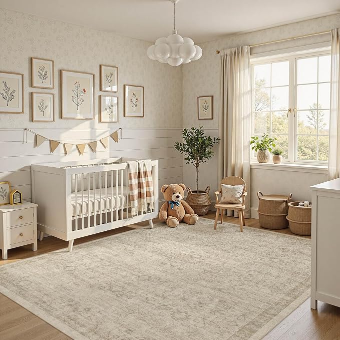 Nakagishi 6X9 Area Rugs Living Room: Washable Large Vintage Rug Neutral Non-Slip Soft Stain Resistant Indoor Carpet for Bedroom Nursery Dining Room Office Playroom - Vintage Brown