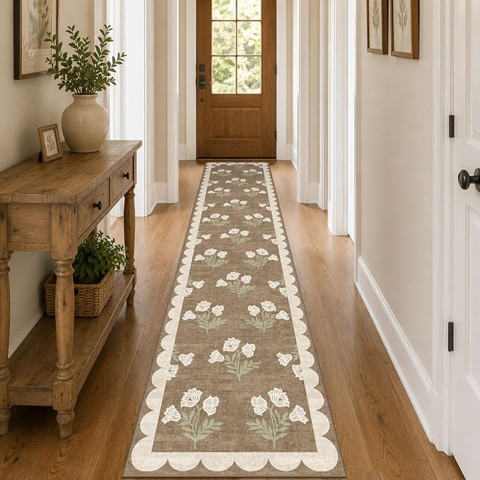 Non Slip Washable Hallway Runner Rug - 2x12 Extra Long Tan Kitchen Runner Rug Soft Boho Runners for Hallways Vintage Floral Scalloped Area Rug for Bedroom Entryway Foyer Stair Runner Decor