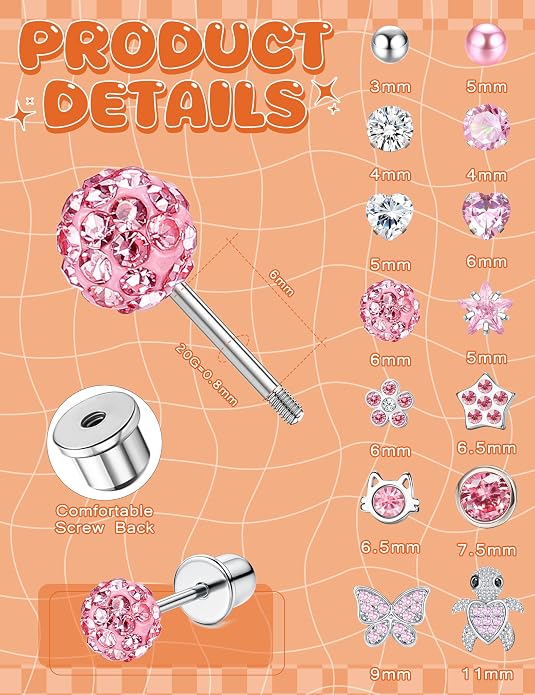 LOYALLOOK 14Pairs Hypoallergenic Screwback Earrings for Women Girls Tiny CZ Pearl Ball Heart Flower Screw Back Earring Studs 316L Stainless Steel Stud Earrings Flatback 20G Over 3 Years Old