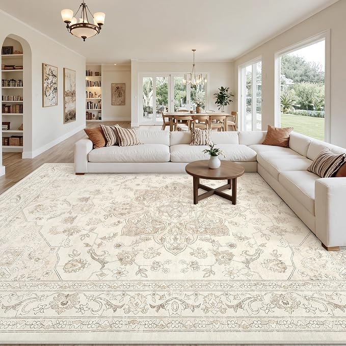 10x14 Area Rug for Living Room: Vintage Boho Neutral Washable Rug Indoor Soft Large Area Rug Carpet for Bedroom Nursery Farmhouse Dining Room Office Floor Non-Slip Low Pile Under Table Rug Beige White
