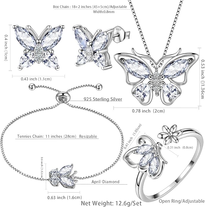 Aurora Tears Butterfly Jewelry,Women 925 Sterling Silver Butterflies Birthstone Pendant Necklace/Earrings/Rings Wedding Gift