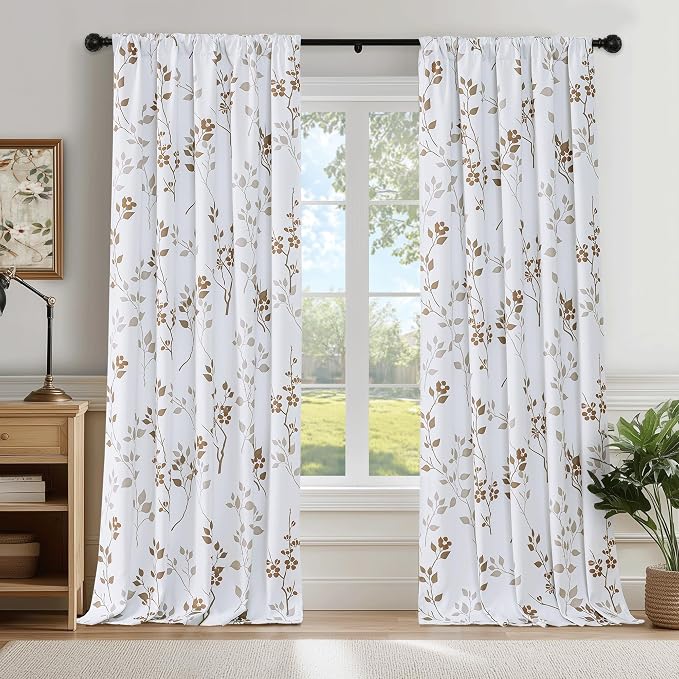 Beauoop Floral 100% Blackout Curtains for Bedroom Tan Brown 52X63 2 Panels | Flower Patterned Brown White Room Darkening Drapes for Living Room Thermal Soundproof Window treatment Rod Pocket