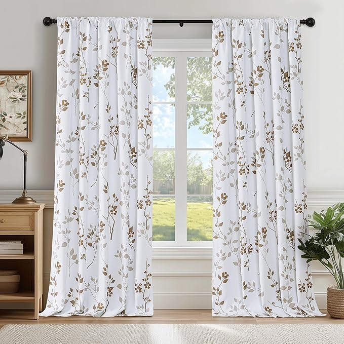 Beauoop Floral 100% Blackout Curtains for Bedroom Tan Brown 52X90 2 Panels | Flower Patterned Brown White Room Darkening Drapes for Living Room Thermal Soundproof Window treatment Rod Pocket