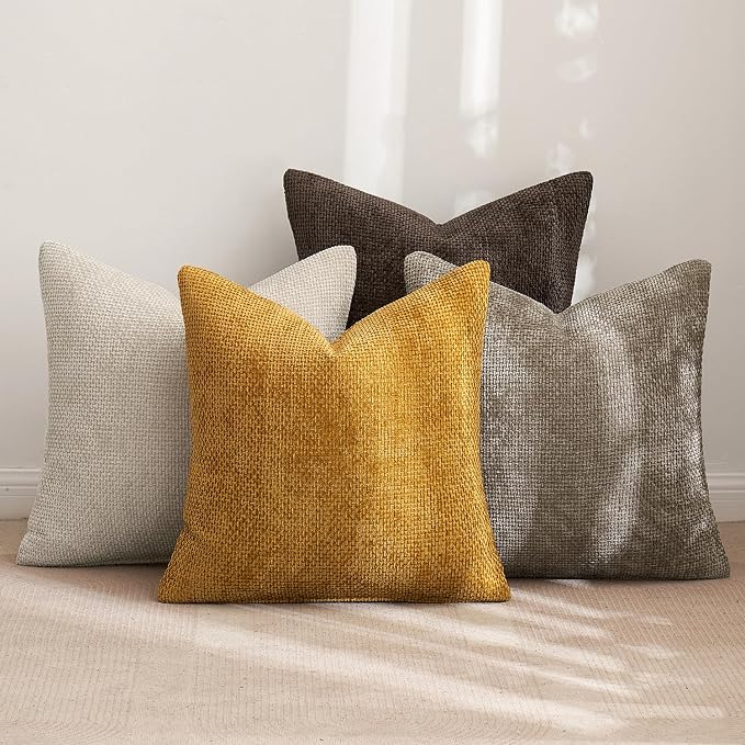 MIULEE Pack of 4 Couch Throw Pillow Covers 20x20 Inch Neutral Gold/Brown Soft Decorative Chenille Pillow Covers Farmhouse Accent Cushion Covers for Boho Fall Home Decor Sofa Bedroom Living Room