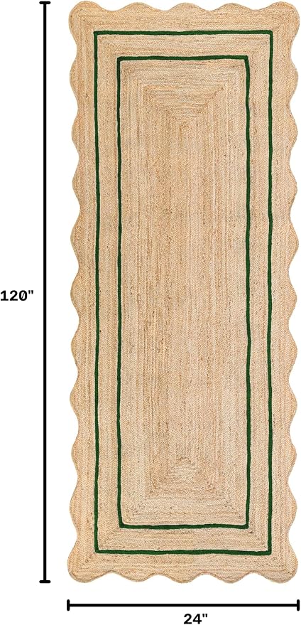 Wave Scalloped Natural Jute Rug Boho Entryway Runner Farmhouse Scallop, Green (2'x10')