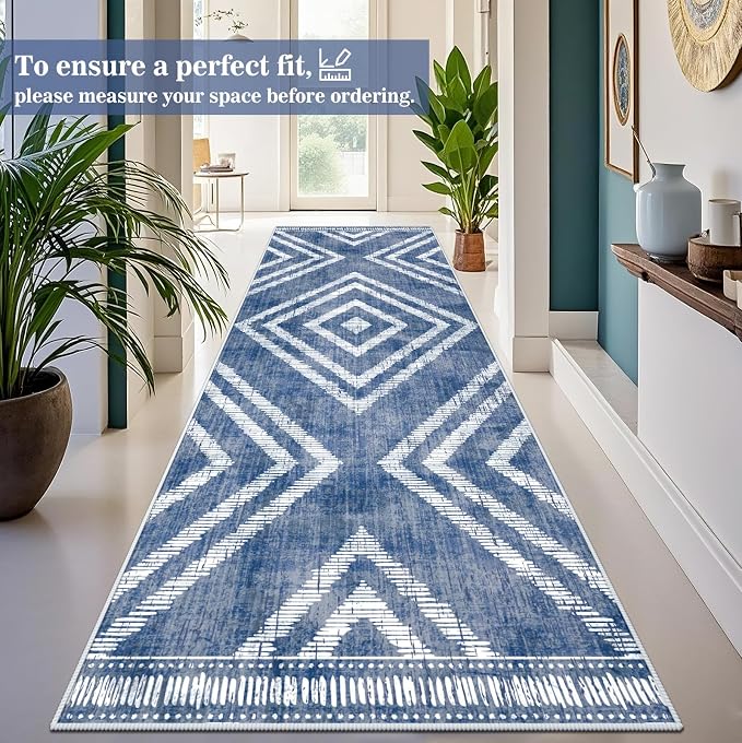 3x10Ft Boho Hallway Runner Rugs Non Slip, Blue Geometric Washable Kitchen Rug Runners, Soft Wide Modern Farmhouse Entryway Floor Carpets for Entrance Doorway Bedroom Home Decor