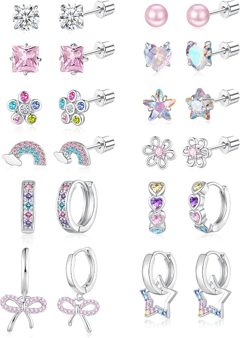 Hypoallergenic Screw Back Earrings for Women Girls Kids Surgical Steel Earrings for Sensitive Ears Cute Heart CZ Flower Butterfly Toddler Girl Earrings Screwback Studs Hoops