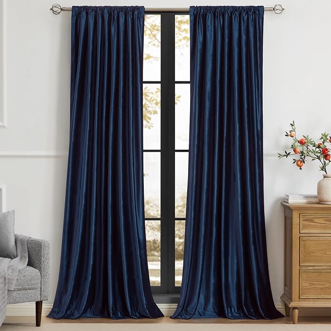 Elegant Navy Blue Velvet Curtains 90 inches for Living Room,Luxury 2 Panels Room Darkening Rod Pocket Back Tab Curtain Thermal Insulated Heavy Soundproof Noice Reducing Window Drapes for Bedroom