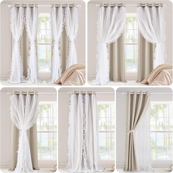PONY DANCE 100% Blackout Curtains for Girl's Bedroom, Double Layer Grommet Curtain 84 inch Long with Sheer Overlay for Living Room, Nursery Kids Toddler Room Decor, Sand, 52" W x 84" L, 2 Panels