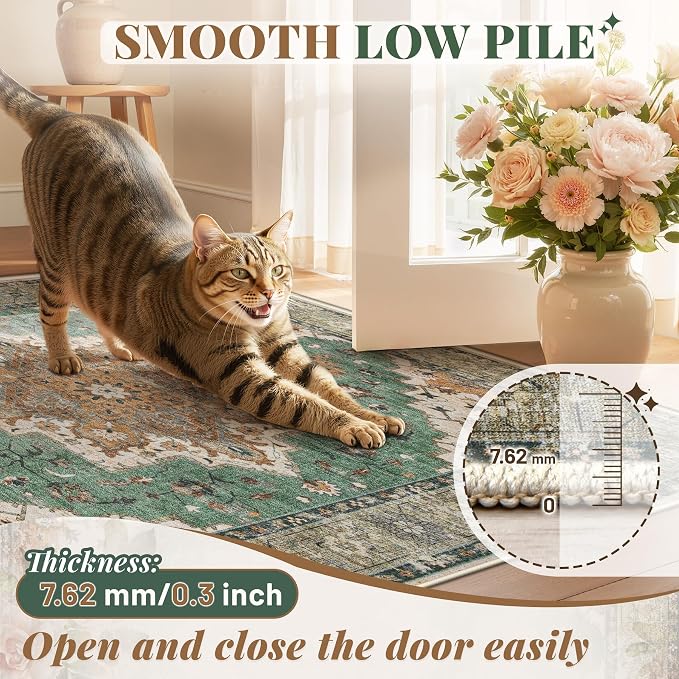 Area Rug 8x10 Vintage Rug: Large Washable Indoor Medallion Rugs Low Pile Distressed Floor Carpet Retro Accent Rug for Living Room Bedroom Kitchen Dining Table Home Office(Brown Green, 8'x10')